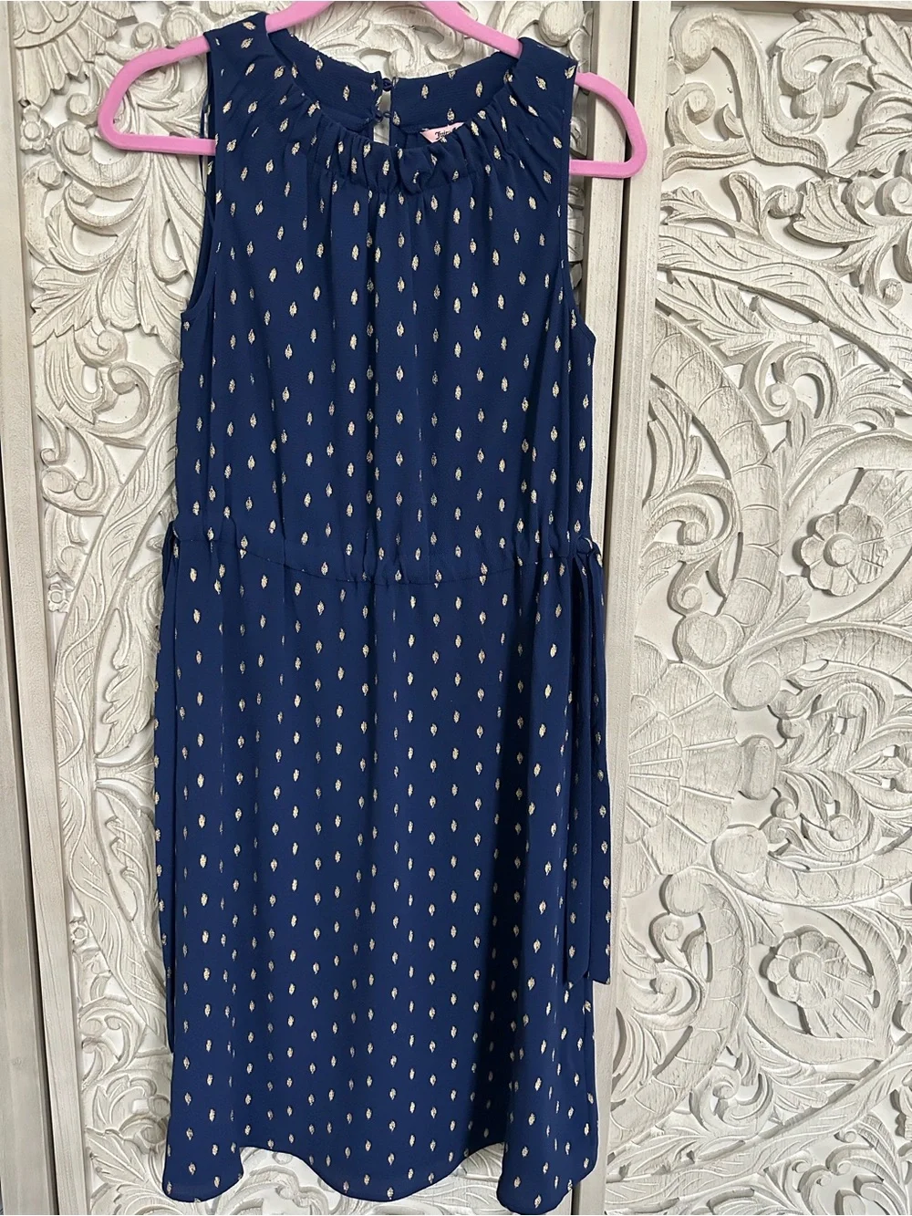 Juicy Couture Navy Sleeveless Blouson Midi Dress with Gold Print
